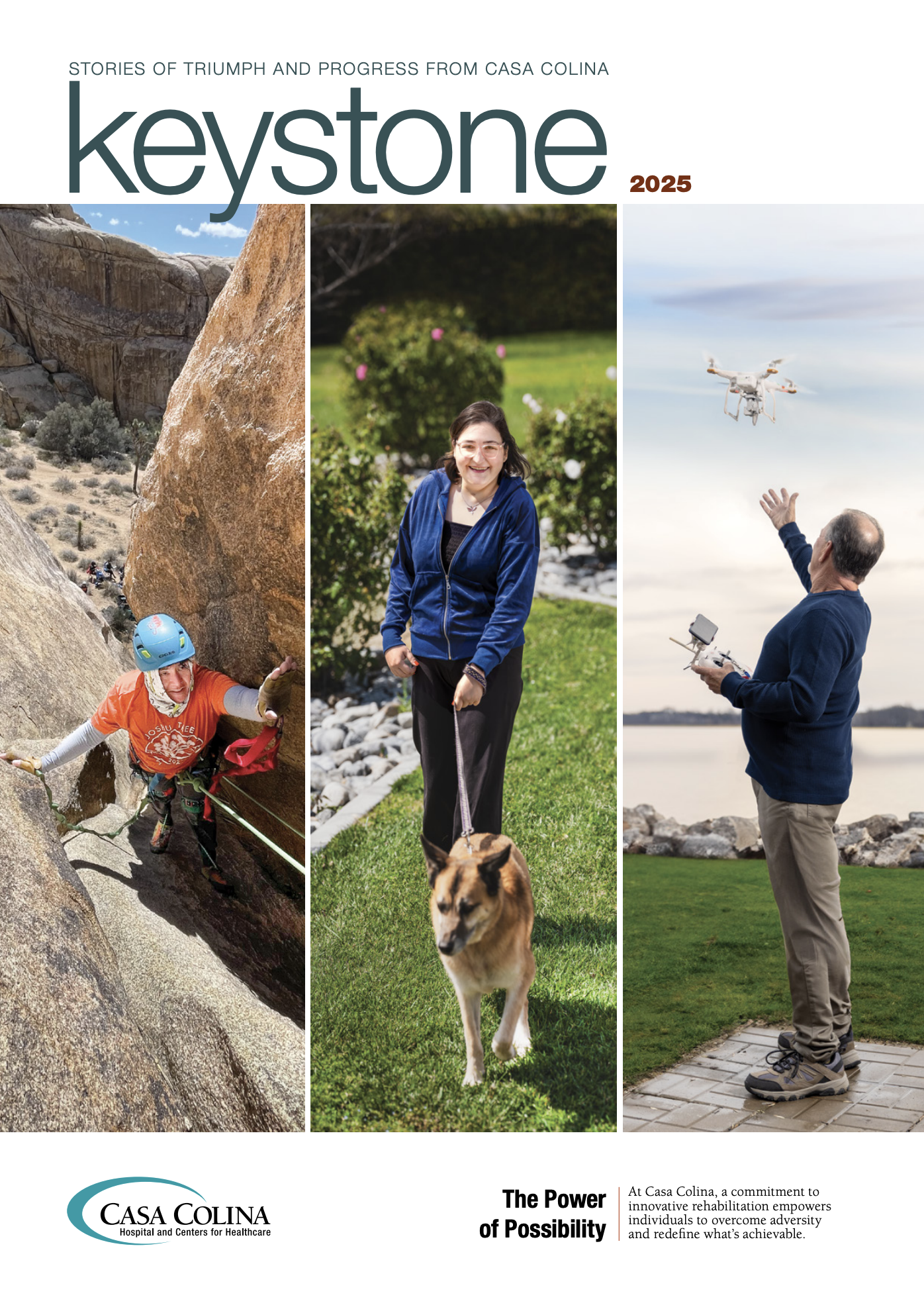 Cover of Keystone Magazine with. three images of a woman rock climbing, a woman walking a dog, a man flying a drone
