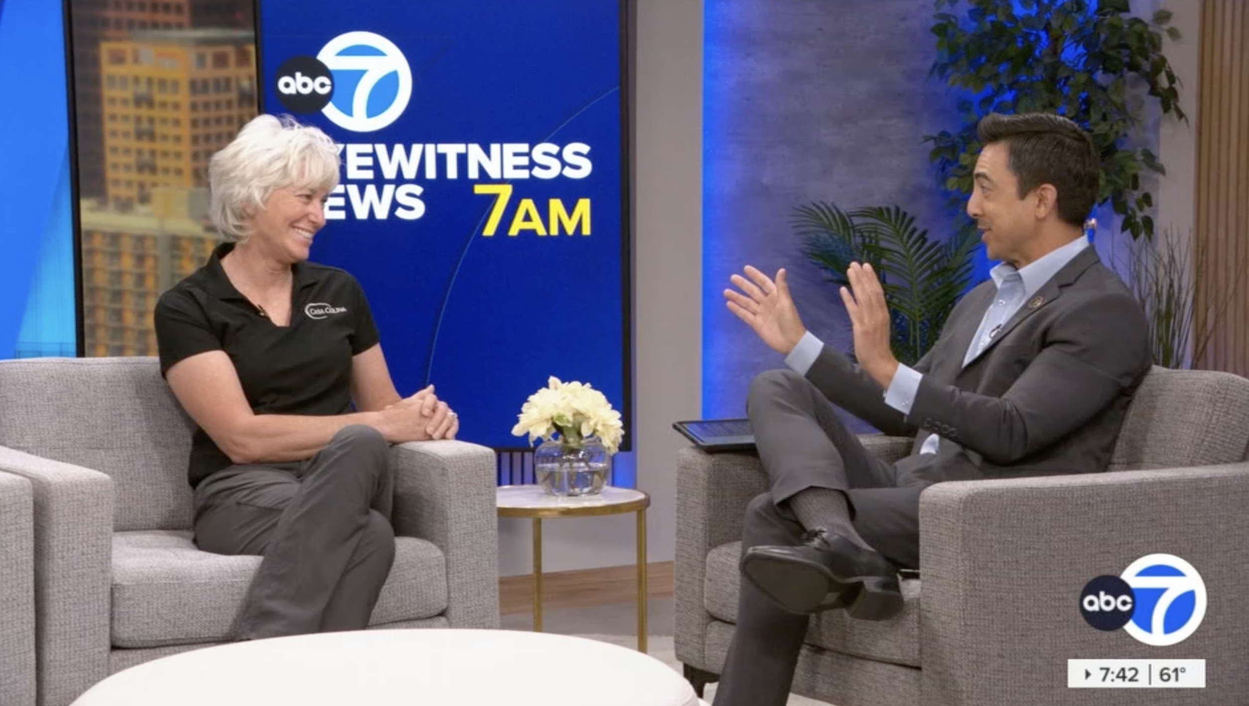 Lisa Hilborn and ABC7 news anchor Tony Cabrera on air interview