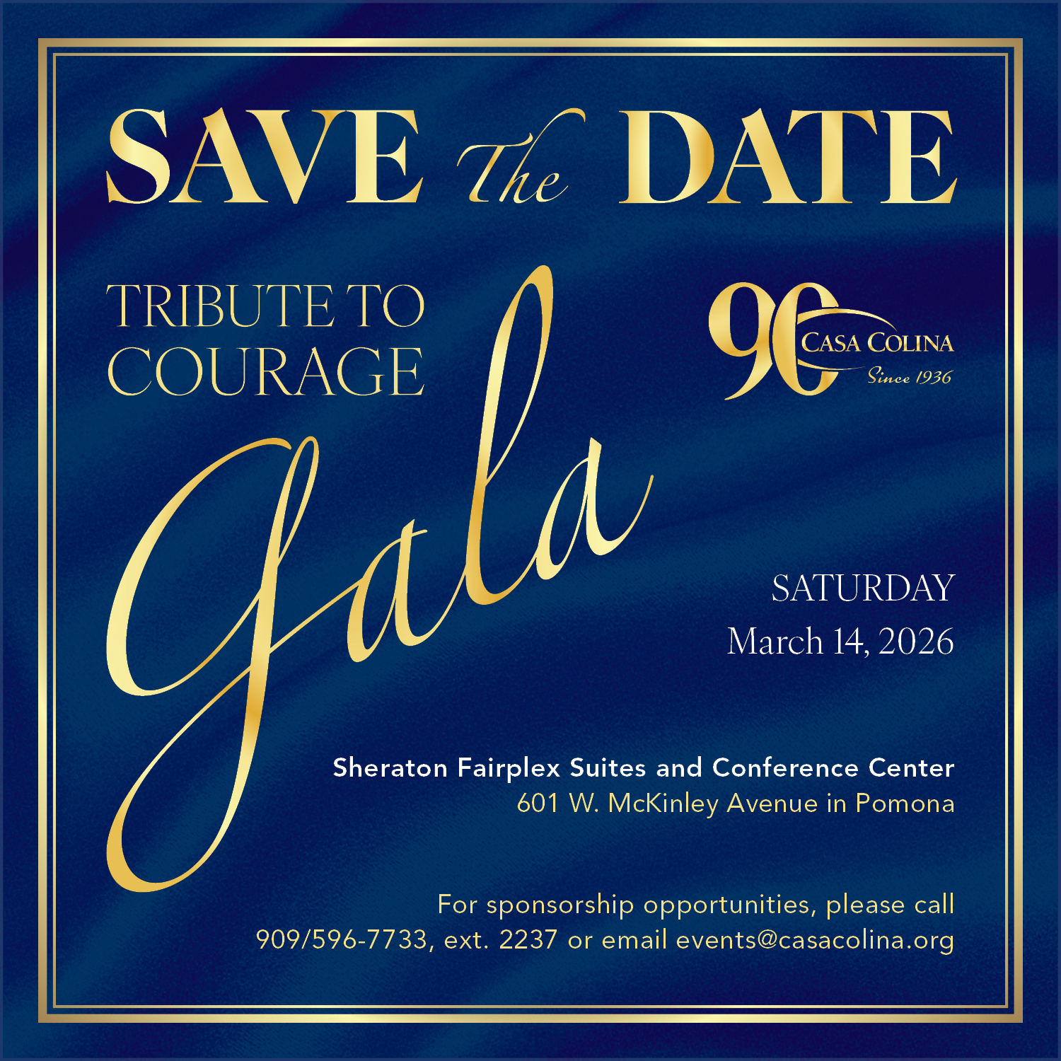 Save the Date invitation for Casa Colina's Tribute to Courage, Saturday, March 14, 2026