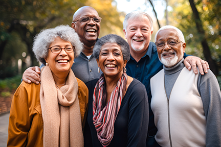 Three senior men and two senior women smiling and posing for a photo