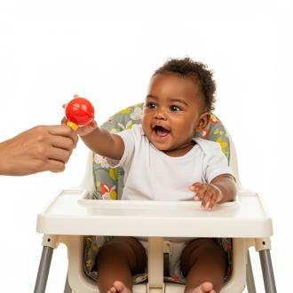 infant in highchair reaching for object